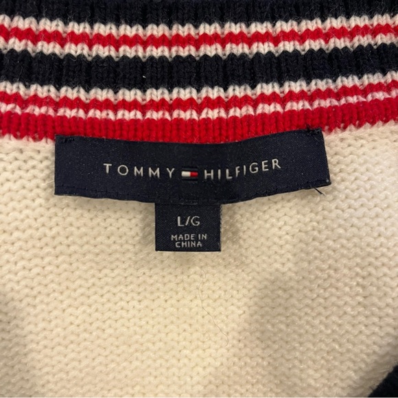 🍒TOMMY HILFIGER CREAM CABLE KNIT VARSITY CARDIGAN SIZE LARGE🍒 - Picture 7 of 8